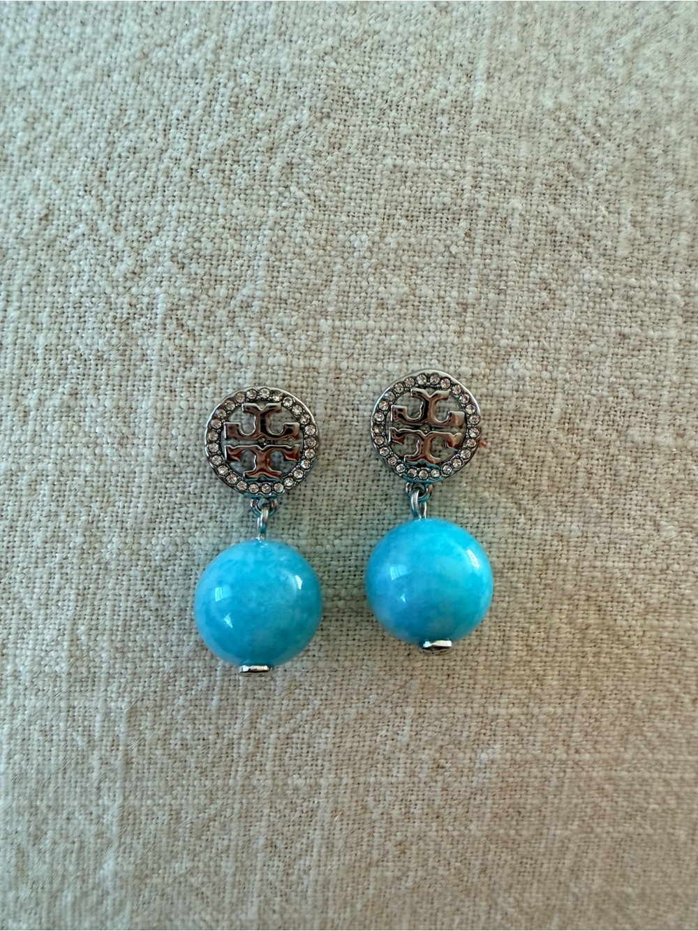 Tory Burch Turquoise Drop Earrings with pave  Logo Accent -